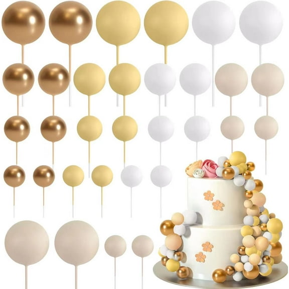 32 Pcs Ball Cake Topper Decorations Mini Balloons Cake Topper Sticks Foam Balls Cake Picks Cake Topper Balls Cake Decorations for Wedding Party Birthday Cake DecoratingGold-White