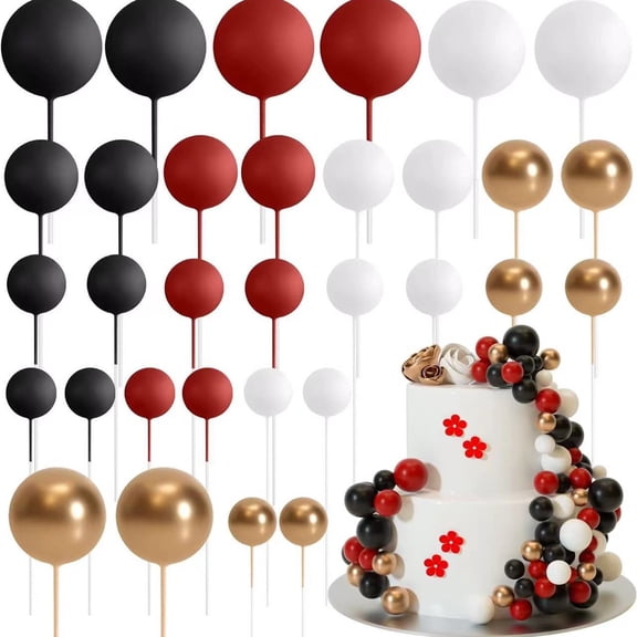 32 Pcs Ball Cake Topper Decorations Mini Balloons Cake Topper Sticks Foam Balls Cake Picks Cake Topper Balls Cake Decorations for Wedding Party Birthday Cake DecoratingRed - Black