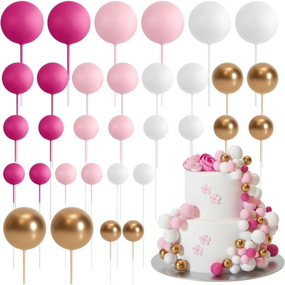 32 Pcs Ball Cake Topper Decorations Mini Balloons Cake Topper Sticks Foam Balls Cake Picks Cake Topper Balls Cake Decorations for Wedding Party Birthday Cake Decorating (Pink Gold)