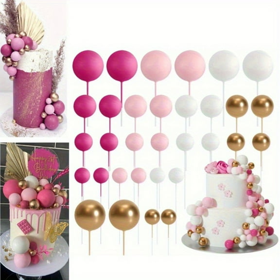 32 Pcs Ball Cake Topper Set for Party Decorations, 4-Color Mixed Foam Balloons for Wedding, Birthday, Baby Shower & Anniversary Cakes