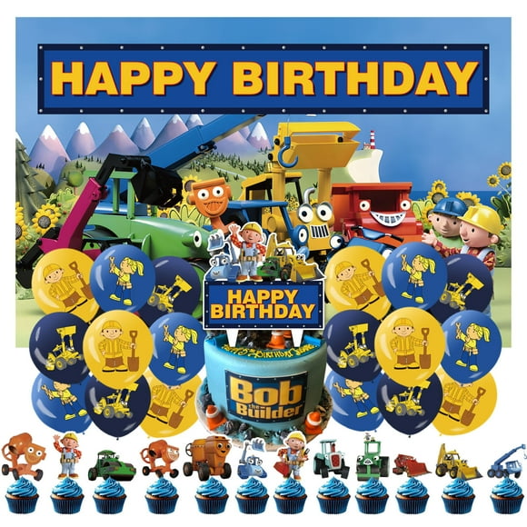 32 Pcs For Bob the Builder Theme Birthday Party Decoration Set - Includes Happy Birthday Backdrop Decorations, Cupcake Toppers, and Balloons for Celebrations