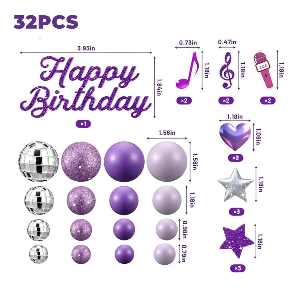 32 Pcs Cake Decorations With Mini Disco Ball, Singer Stars, Heart, Cake Toppers, Romantic Theme Birthday Party Cakes Decorating Celebrations Supplies