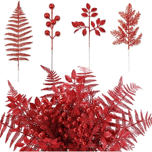 32 Pcs Christmas Glitter Artificial Picks Set Christmas Leaf Sprays Cedar Picks Glitter Berries Stems Tropical Leaf Pine Needles Christmas Stems Branches for Christmas Tree Vase Home