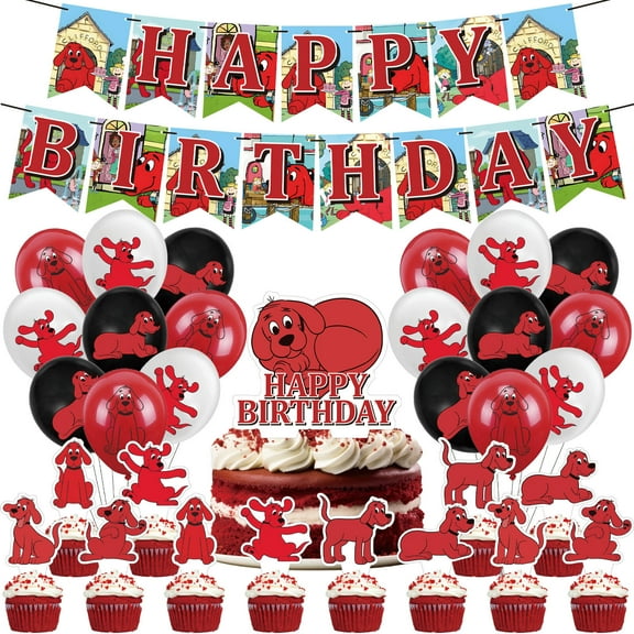 32 Pcs For Clifford The Big Red Dog Theme Party Decorations,With 1 Happy Birthday Banner Garland,13 Cupcake Toppers,18 Balloonsfor Birthday Party Decorations