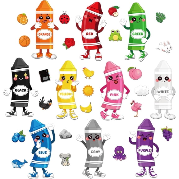 32 Pcs Color Bulletin Board Set for Classroom, Crayon Classroom Boarders Color Posters Cutouts with 80pcs Adhesive Glue Point Dots for Toddler Preschool Learning Decorations
