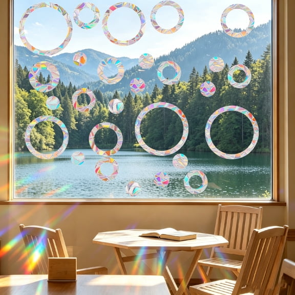 32 Pcs Colorful Light‑Reflecting Circular Window Clings, Rainbow Static Window Stickers, Window Decals to Prevent Bird Collisions