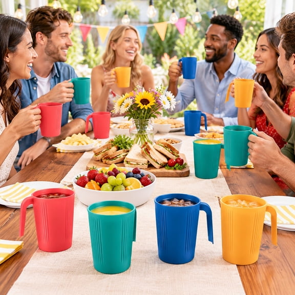 32 Pcs Colorful Straw Cups with Handles, 11.8 oz Reusable Drinking Cups, Wheat Straw Coffee Mugs for Families, Stackable Cups for Parties, Office, Picnic and Camping