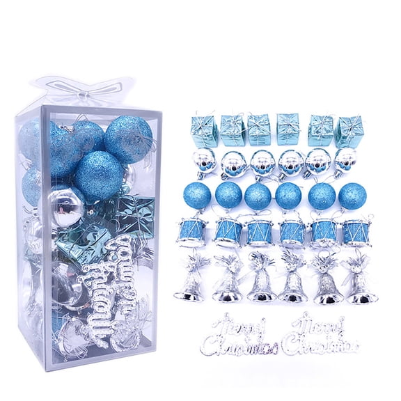 32 Pcs Coordinated Christmas Tree Ornament Box Set, Gold Or Blue Shatterproof Plastic Holiday Hangings, Baubles Bells Gift Charms Letter Cutouts for Indoor Home Family Christmas Decor