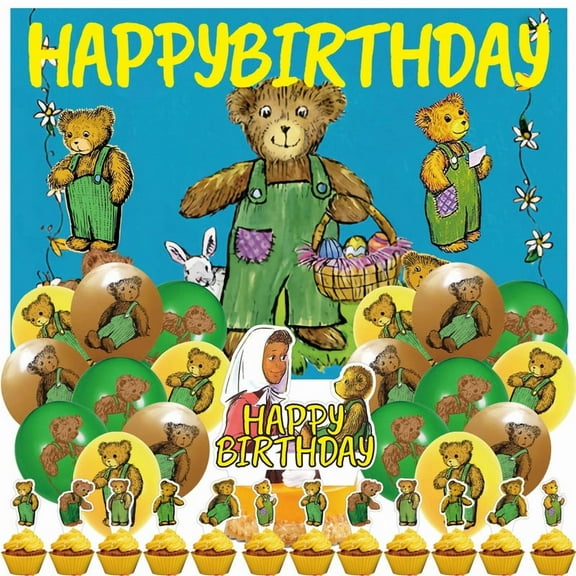 32 Pcs For Corduroy Bear Theme Birthday Party Decorations and Supplies Set – Includes 1 Backdrop, 1 Cake Topper, 12 Cupcake Toppers, and 18 Balloons for Festive Celebrations