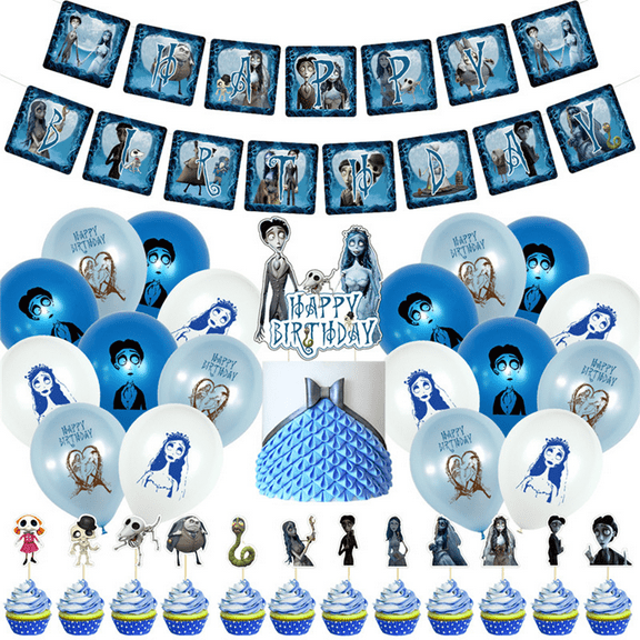 32 Pcs For Corpse Bride Movie Theme Birthday Party Decorations,With 1 Happy Birthday Banner Garland,18 Balloons,13 Cupcake Toppers for Birthday Party Supplies