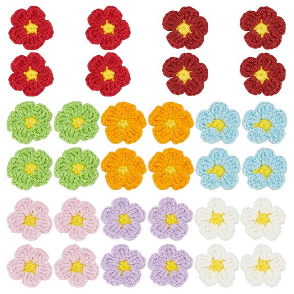 32 Pcs Crochet Flowers Applique 8 Colors Cotton Knitted Flowers Patches Handmade Knitted Floral Costume Accessories DIY