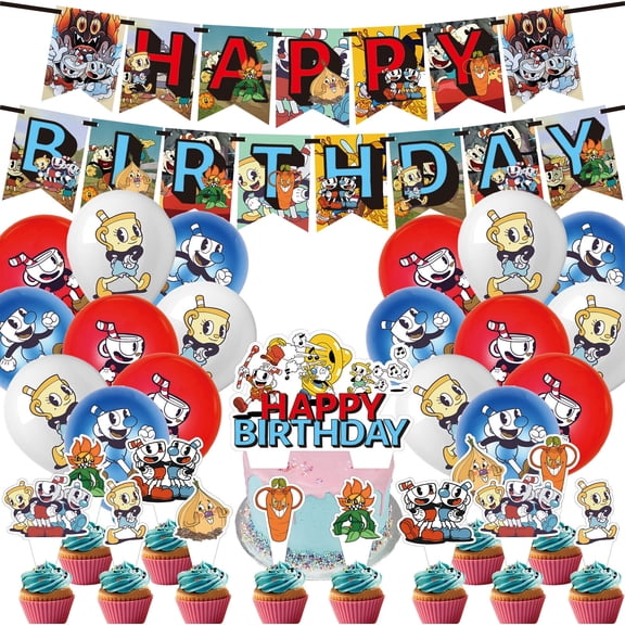32 Pcs For Cuphead Games Theme Birthday Party Decorations Set 18 Balloons,13 Cupcake Toppers,With 1 Happy Birthday Banner,All-in-One Celebration Party Kit Supplies