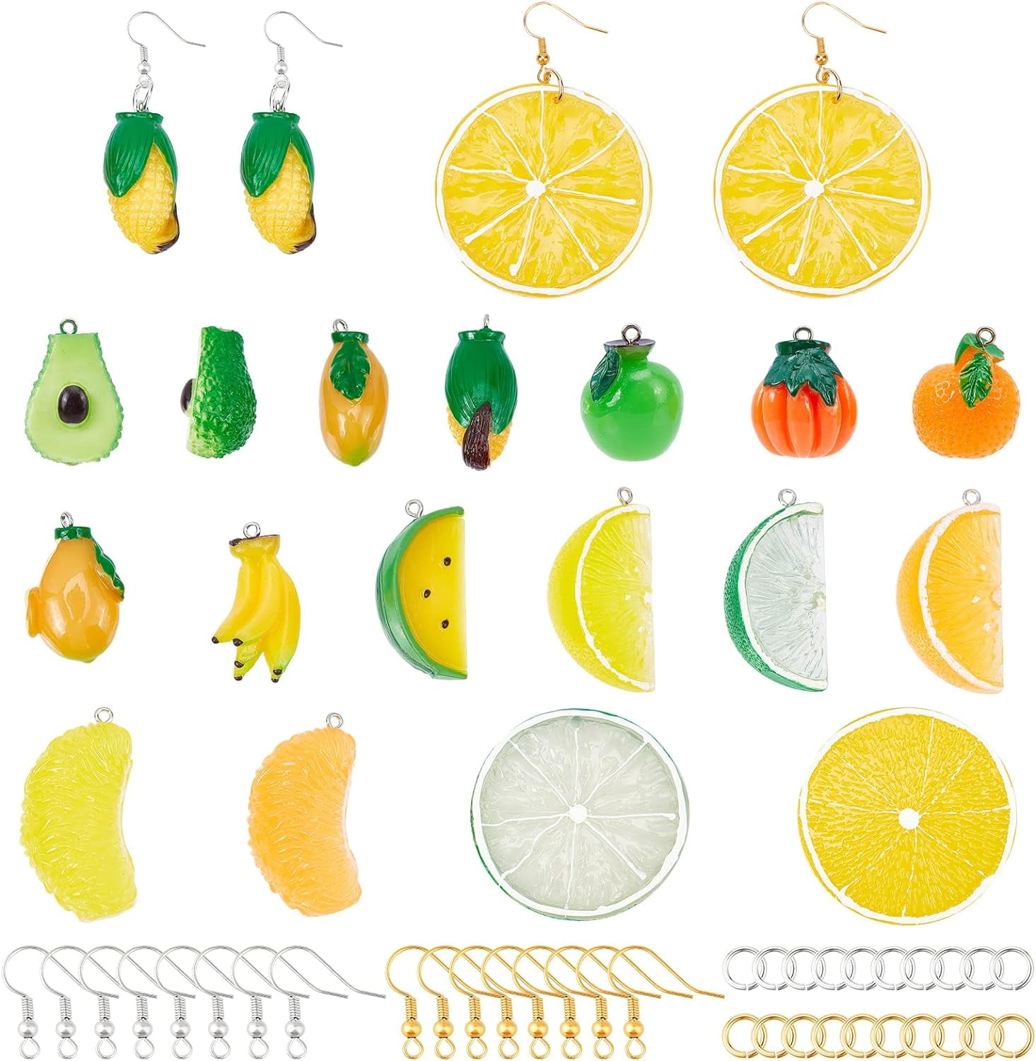 32 Pcs Cute Fruit Pendant Charms Fruit Earring Making Kits Includes 10 Styles Fruit Beads 64 Pcs Earring Hooks and 64 Pcs Jump Rings for Earring Making Mixed Color