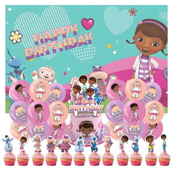 32 Pcs For Doc McStuffins Theme Birthday Party Decoration Set - Includes Happy Birthday Backdrop Decorations, Cupcake Toppers, and Balloons for Celebrations
