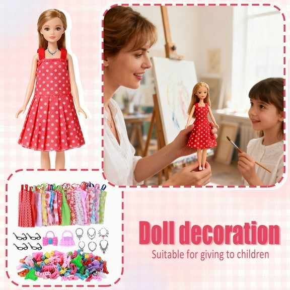 32 Pcs Doll Clothes and Accessories,Doll Clothes Set,Doll Fashion Outfits,10 Fashion Dresses 4 pairs of Glasses 6 Necklaces 2 Handbags 10 Shoes