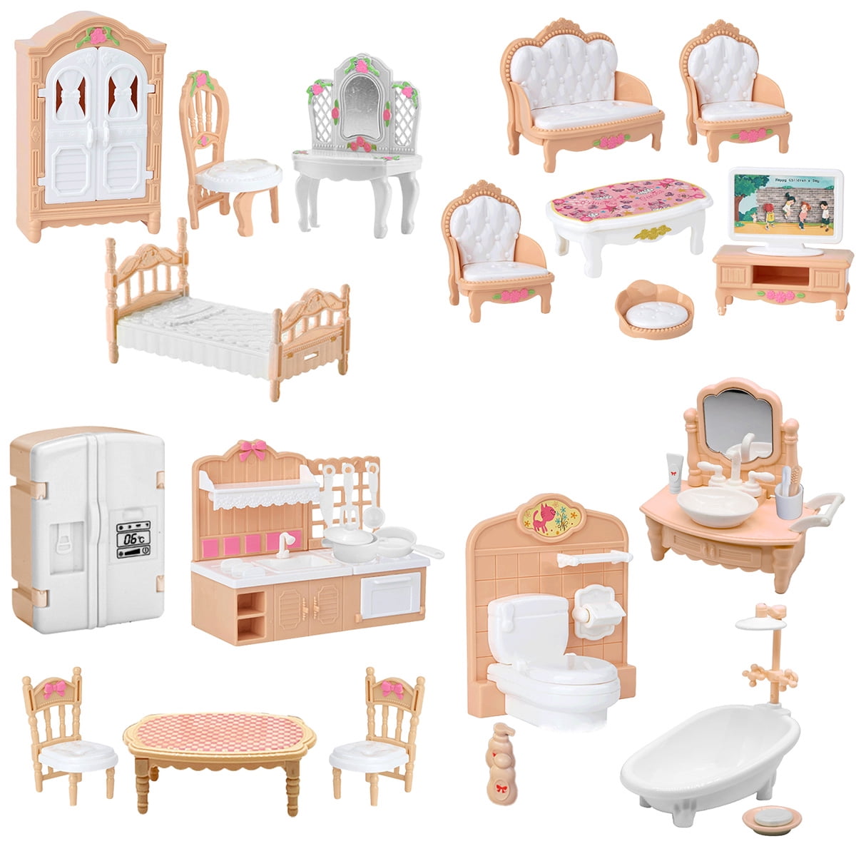 32 Pcs Dollhouse Furniture Set,4 in 1 Dollhouse Accessories and Furniture, Pretend Play Furniture Toys Christmas Birthday for Children 3Y+ (Brown and white)