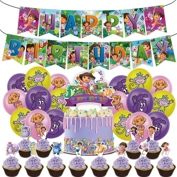 32 Pcs For Dora Cartoon For Explorer-Themed Party Decorations and Favors Set – Banner, 13 Cupcake Toppers, and 18 Balloons for Celebration Birthday Parties