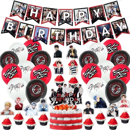32 Pcs Exquisite Stray Kids Party Supplies For Fans, Birthday Decorations Set Include Banner, Balloons, Cake Topper, Cupcake Toppers For Stars Theme Party, Surprise For Stray Kids Fans