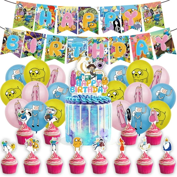 32 Pcs For Adventure Time Theme Birthday Party Decorations,With 1 Happy Birthday Banner Garland,13 Cupcake Toppers,18 Balloons for Party Decorations