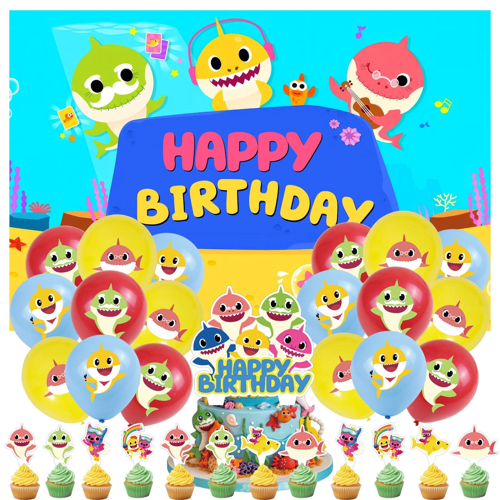 32 Pcs For Baby Shark Theme Birthday Party Decorations,With 5*3ft Birthday Backdrop Decorations,13 Cupcake Toppers,18 Balloons for Party Decorations