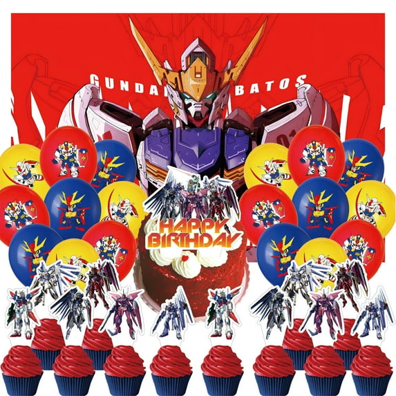 32 Pcs For Gundam Party Decoration Set – Includes Backdrop, 18 Balloons, and 13 Cupcake Toppers for Themed Celebrations