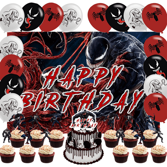 32 Pcs For Venom Theme Birthday Party Decorations,With 5*3ft Birthday Backdrop Decorations,13 Cupcake Toppers,18 Balloons,All-in-One Party Supply Set