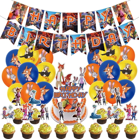 32 Pcs For Zootopia Theme Birthday Party Decorations,With 1 Happy Birthday Banner,18 Balloons,13 Cupcake Toppers,All-in-One Party Supply Set