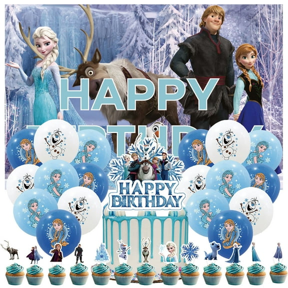 32 Pcs For Frozen Theme Birthday Party Decorations,With 5*3ft Birthday Backdrop Decorations,18 Balloons,13 Cupcake Toppers,All-in-One Party Supply Set