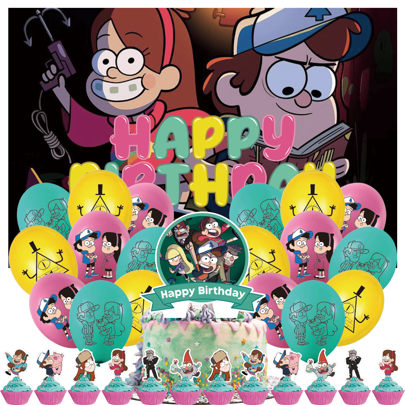 32 Pcs For Gravity Falls Theme Birthday Party Decoration Set - Includes Happy Birthday Backdrop Decorations, Cupcake Toppers, and Balloons for Kids’ Celebrations