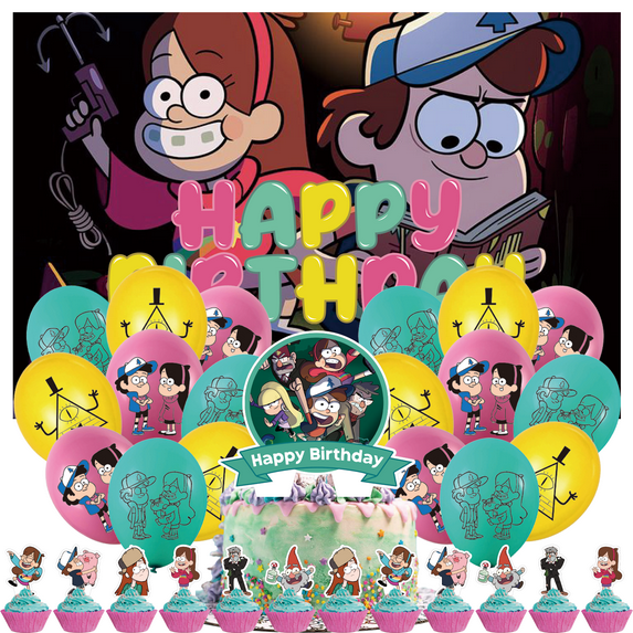32 Pcs For Gravity Falls Theme Birthday Party Decoration Set - Includes Happy Birthday Backdrop Decorations, Cupcake Toppers, and Balloons for Kids’ Celebrations