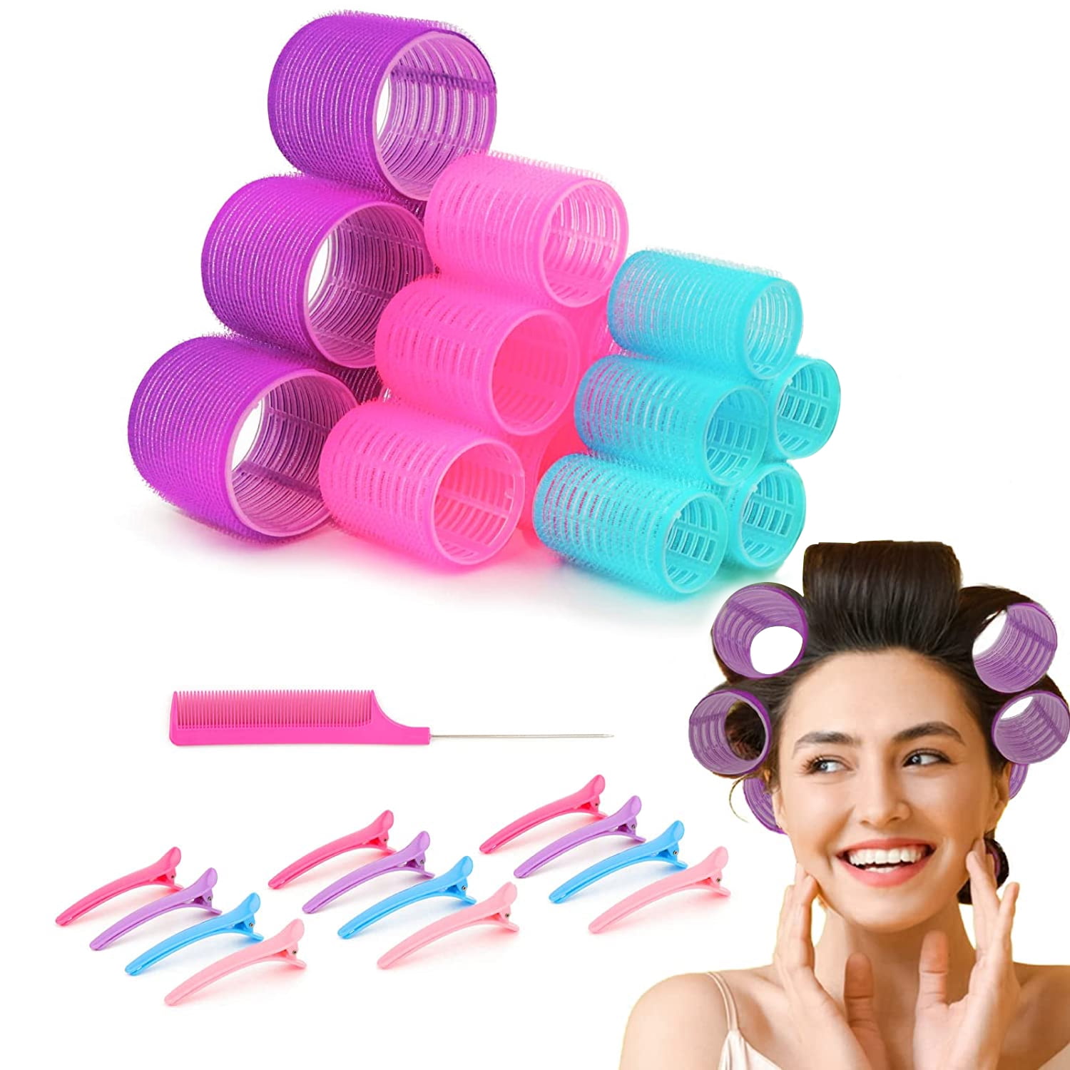 32 Pcs Hair Rollers 3 Sizes Self Grip Velcro Rollers Heatless Styling Tools with Duckbill Clips and Comb for Long Medium Short Hair Walmart