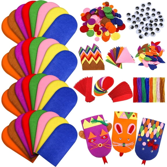 32 Pcs Hand Puppet Making Kit Felt Arts and Crafts Sock Puppet Toys Creative DIY Make Your Personal Puppets Kits Eyes Felt Accessories Storytelling Role Play Party Supplies