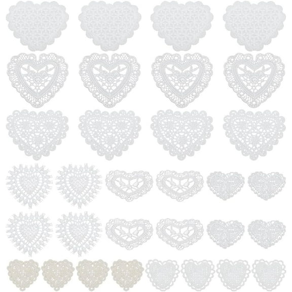 32 Pcs Heart Shapes Lace Applique 8 Style Heart Embroidery Patches Love Polyester Heart Sew on Patch Clothing Sewing Decoration Applique for Wedding Bridal Dress Party Embellishment Hat
