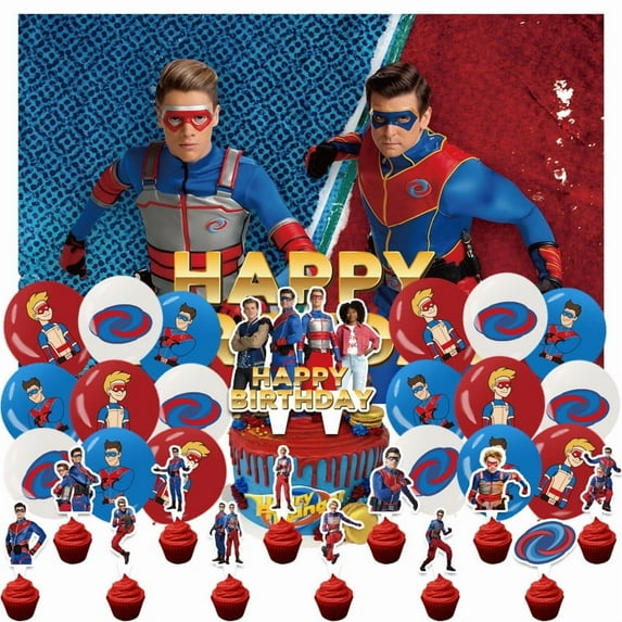 32 Pcs For Henry Danger TV Series Theme Birthday Party Decorations and Supplies Set – Includes 1 Backdrop, 1 Cake Topper, 12 Cupcake Toppers, and 18 Balloons for Festive Celebrations