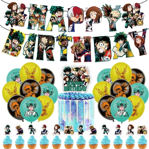 32 Pcs For My Hero Academia Cartoon-Themed Birthday Decorations and Party Favors Set – Includes Banner, Cake Topper, 12 Cupcake Toppers, and 18 Balloons for Celebration Events