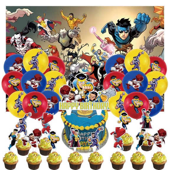 32 Pcs For Invincible Cartoon-Themed Party Decorations and Favors Set – Backdrop, 13 Cupcake Toppers, and 18 Balloons for Celebration Birthday Parties