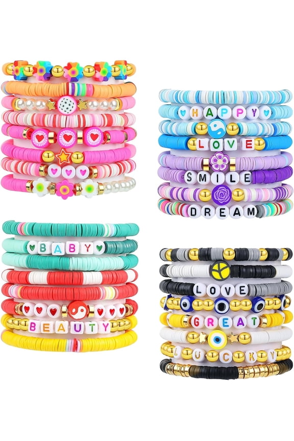 32 Pcs Jewelry Bracelets for Women Clay Bead Colorful Surfer Heishi Bracelet Set Stackable Beaded Friendship Stretch Bracelets Boho Y2K Summer Beach Elastic Layering Bracelets