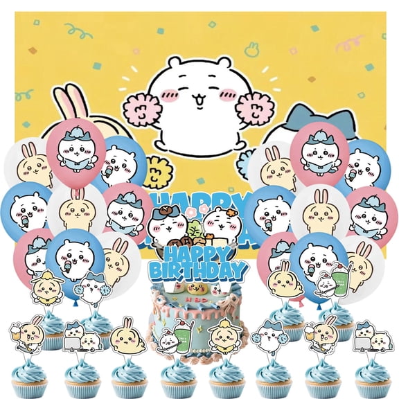 32 Pcs For Kawaii Chiikawa Theme Birthday Party Supplies Party Favor Set,With 18 Balloons,13 Cupcake Toppers,5*3ft Birthday Backdrop Decorations, All in One Party Supply Set