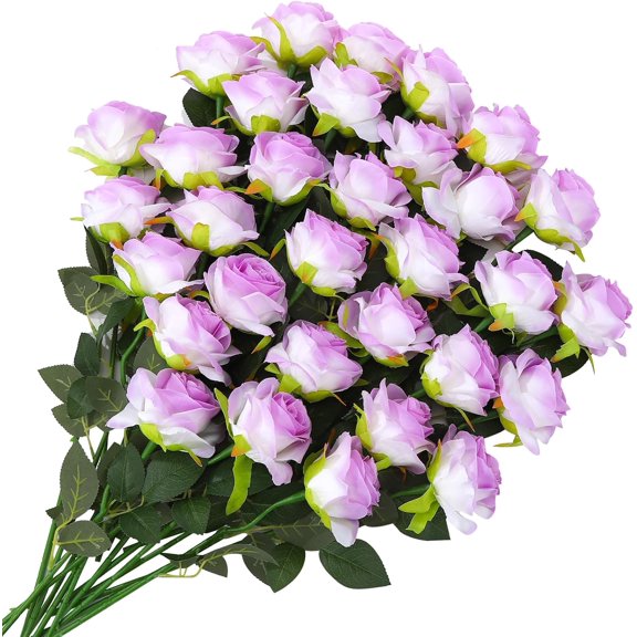 32 Pcs Light Purple Artificial Flowers Bulk, 20" Silk Gradient Blush Purple Real Touch Roses for DIY Wedding Bridal Valentine's Day Bouquets Centerpieces Home Decor