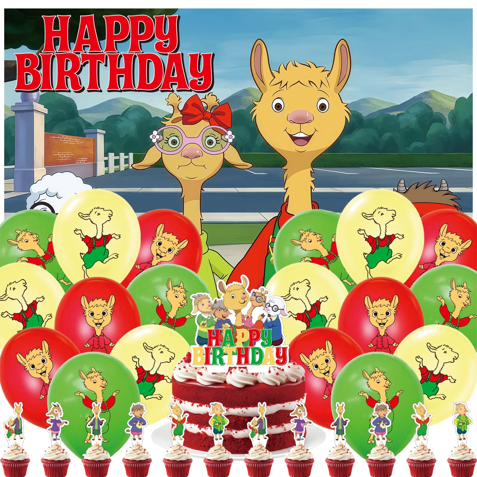 32 Pcs For Llama Llama Red Pajama Theme Birthday Party Decorations and Supplies Set Includes 1 Backdrop, 1 Cake Topper, 12 Cupcake Toppers, and 18 Balloons for Festive Celebrations