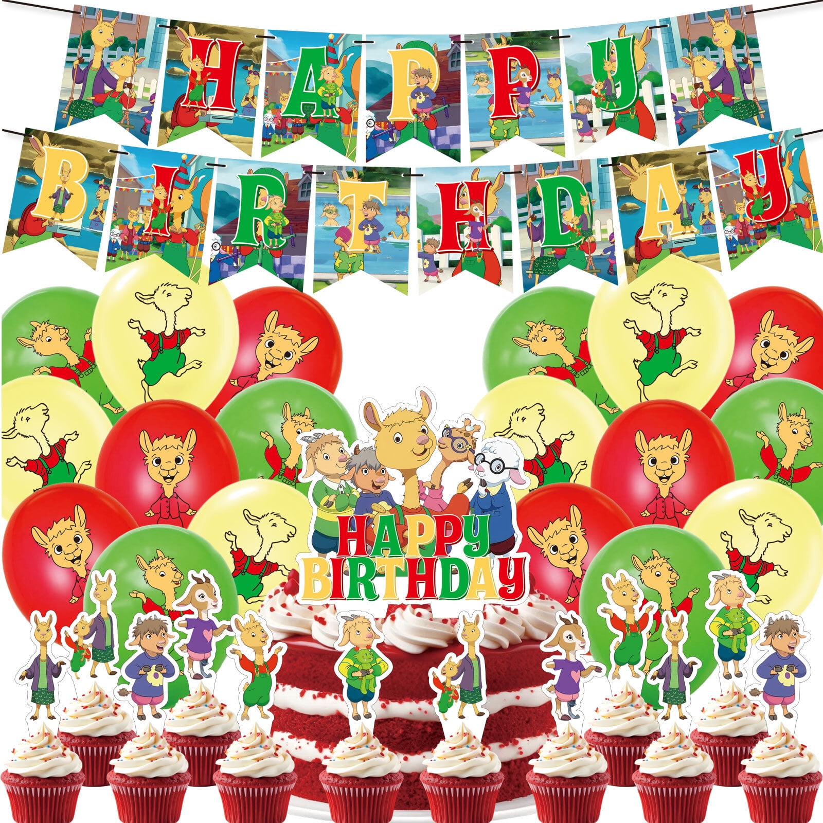 32 Pcs For Llama Llama Red Pajama Theme Birthday Party Decorations and Supplies Set Includes 1 Banner, 1 Cake Topper, 12 Cupcake Toppers, and 18 Balloons for Festive Celebrations