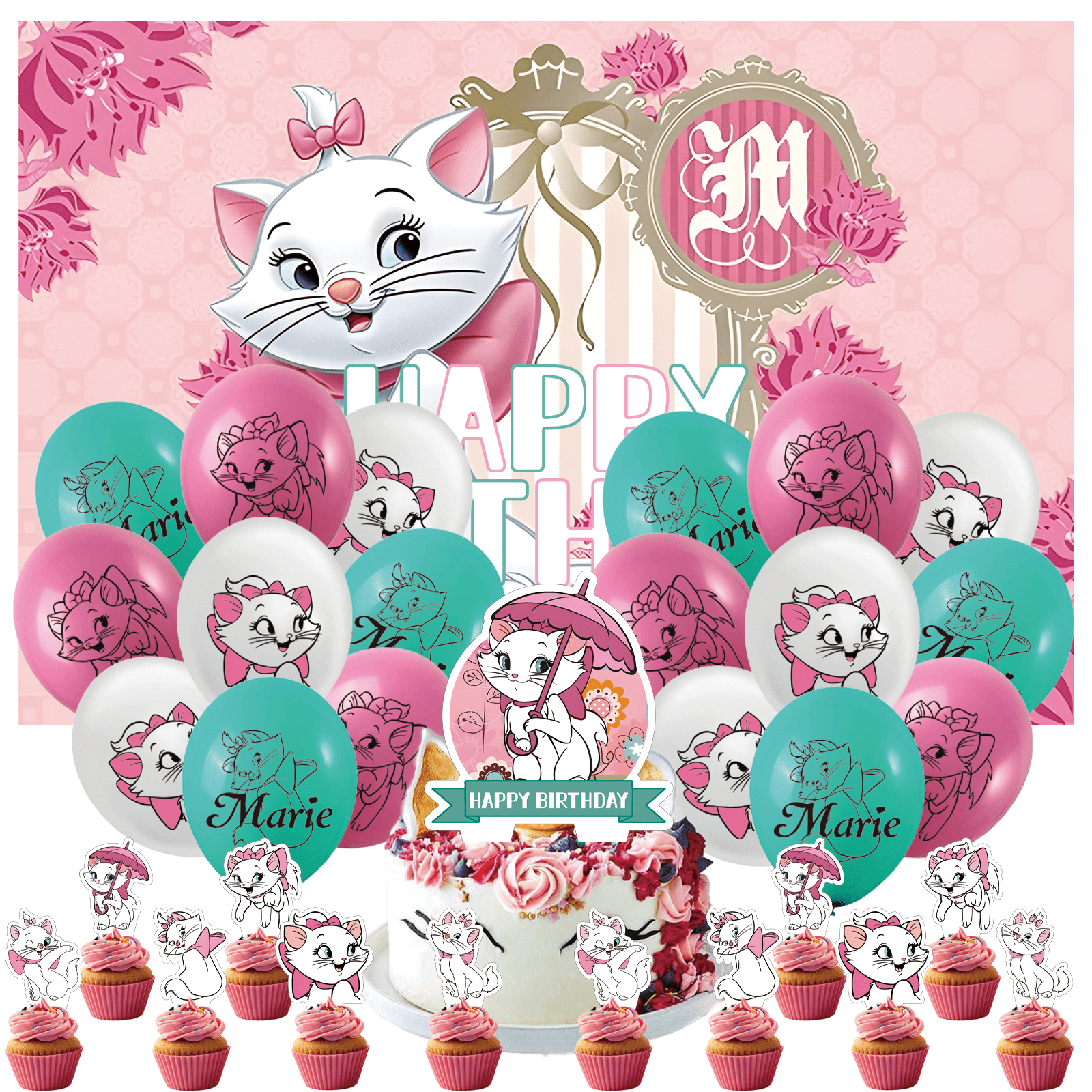 32 Pcs For Marie Aristocats Cat Theme Birthday Party Decoration Set - Includes Happy Birthday Backdrop Decorations, Cupcake Toppers, and Balloons for Kids’ Celebrations