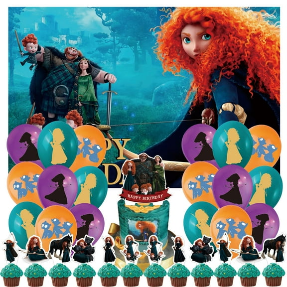 32 Pcs For Merida Cartoon-Themed Birthday Decorations and Party Favors Set – Includes Backdrop, Cake Topper, 12 Cupcake Toppers, and 18 Balloons for Celebration Events