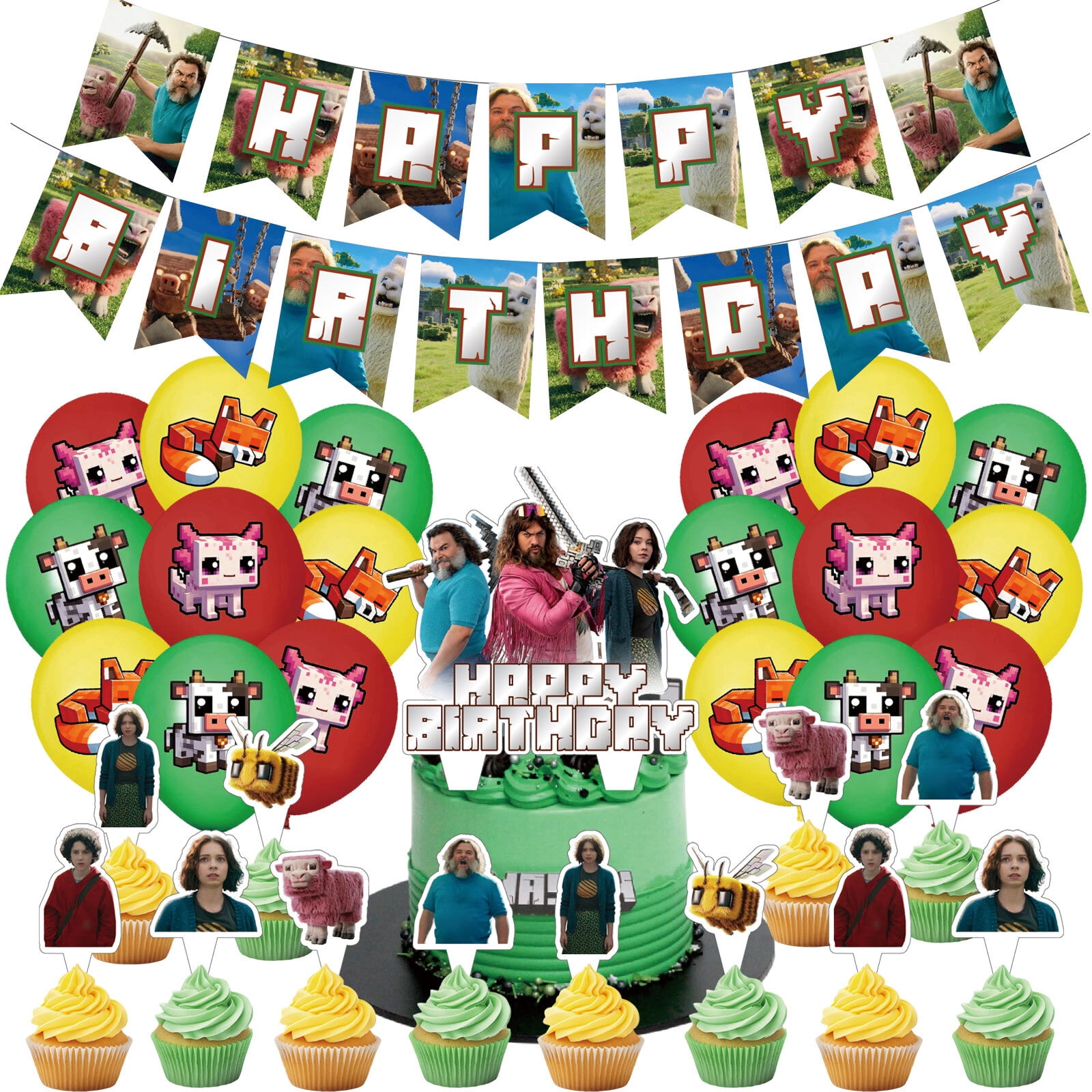 32 Pcs For Minecraft Theme Party Decoration Set Includes Banner, Cake Topper, 12 Cupcake Toppers, and 18 Balloons for Festive and Birthday Celebrations
