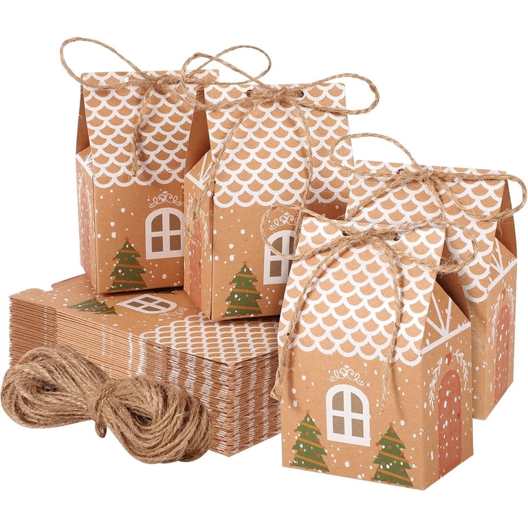 24 Pcs Mini Christmas House Party Favor Boxes - Craft Paper Gift Boxes With Rope, 4 Styles