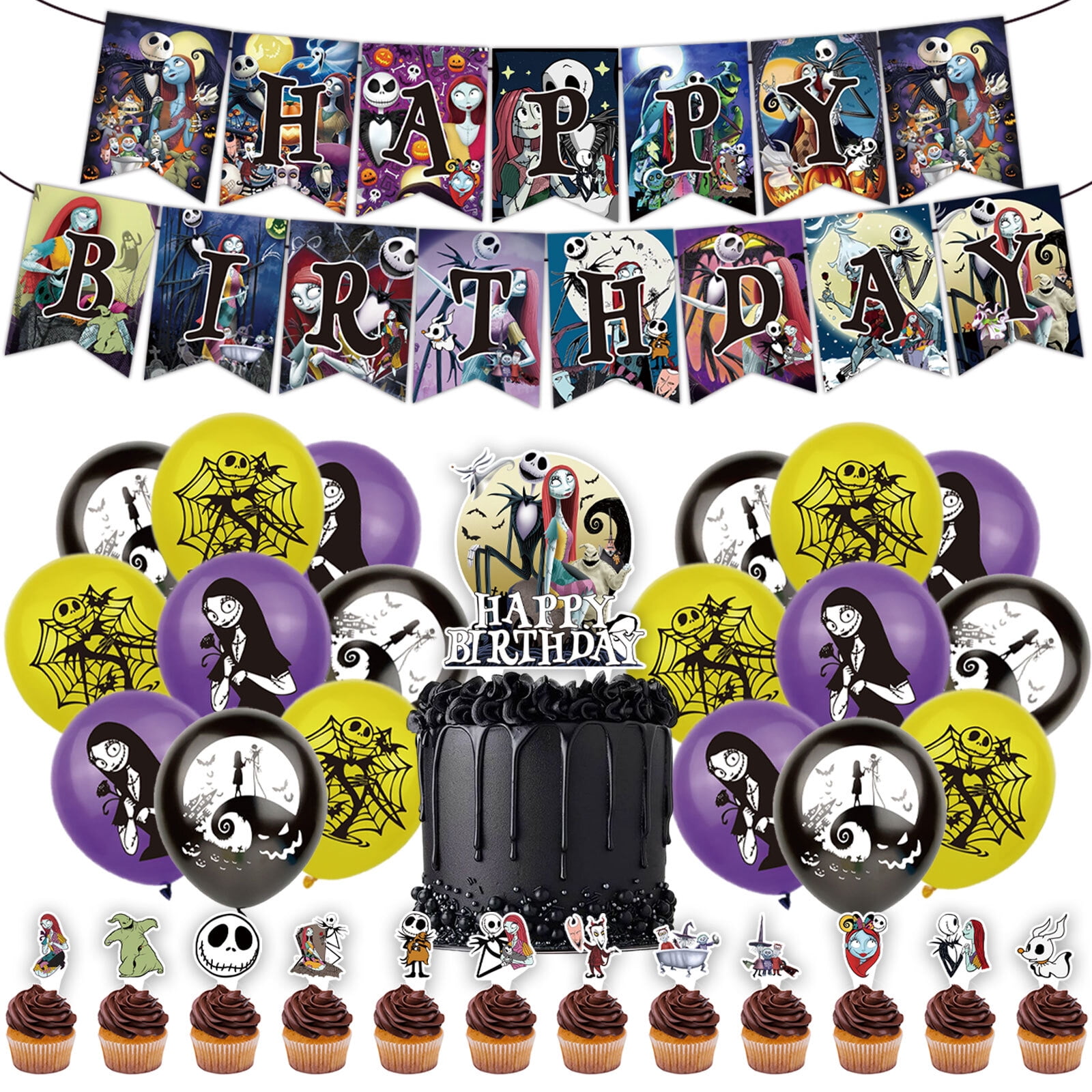32 Pcs For The Nightmare Before Christmas Cartoon-Themed Birthday Decorations and Party Favors Set Includes Banner, Cake Topper, 12 Cupcake Toppers, and 18 Balloons for Celebration Events
