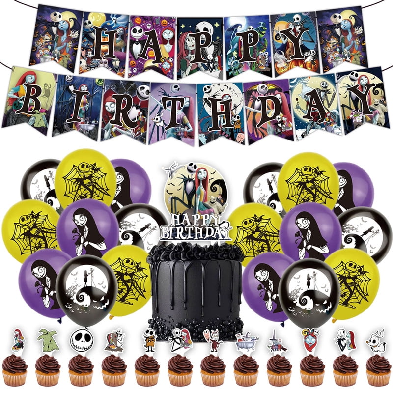 32 Pcs For The Nightmare Before Christmas Theme Birthday Party Decorations and Supplies Set Includes 1 Banner,1 Cake Topper, 12 Cupcake Toppers, and 18 Balloons for Festive Celebrations