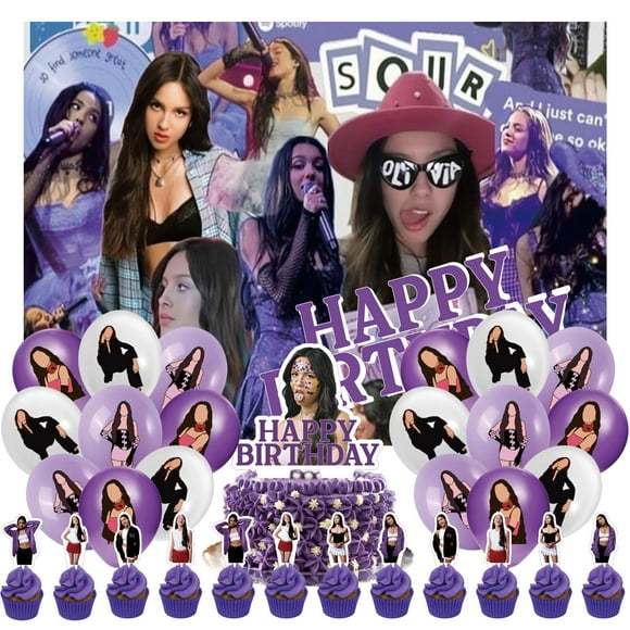 32 Pcs For Olivia Cartoon For Rodrigo Cartoon-Themed Birthday Decorations and Party Favors Set – Includes Backdrop, Cake Topper, 12 Cupcake Toppers, and 18 Balloons for Celebration Events