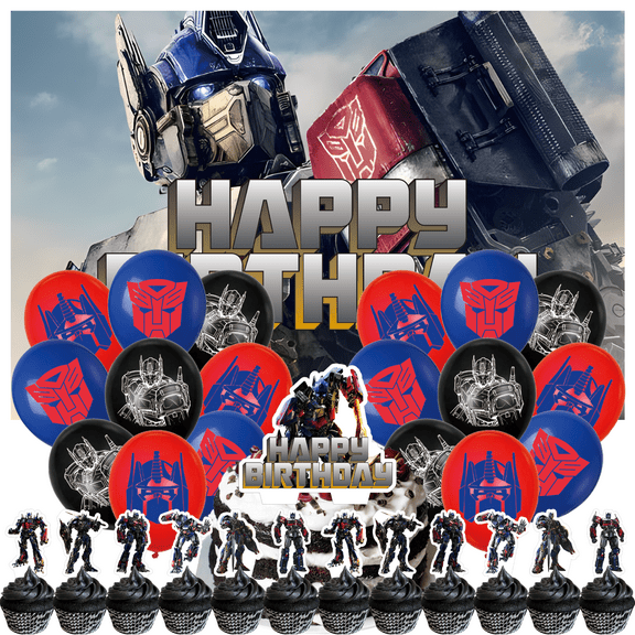 32 Pcs For Optimus Movie For Prime Theme For Transformers Cartoon Party Decoration Set,With 5*3ft Backdrop,13 Cupcake Toppers,and 18 Balloons Party Supplies for Festive and Birthday Celebrations