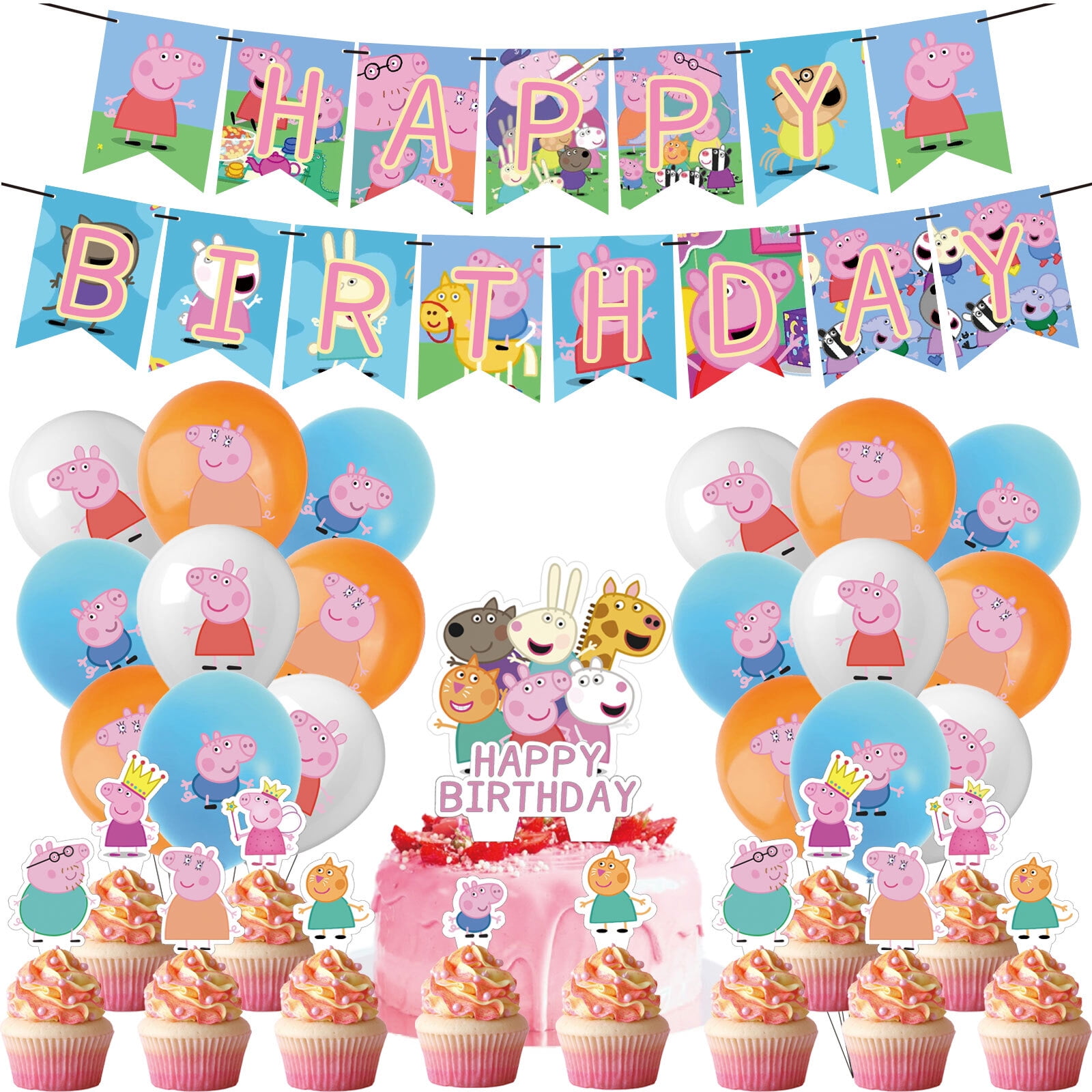 32-Pcs For Peppa Cartoon For Pig-Themed Party Decoration Set  Includes Banner, Cake Topper, 12 Cupcake Toppers, and 18 Balloons for Festive Celebrations